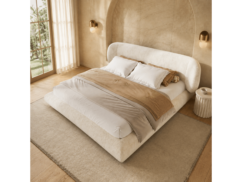  Lit double rembourré 160x200 cm, cadre de lit avec sommier à lattes, tête de lit, mousse épaisse, coins arrondis, chenille (sans matelas), beige CozyNest - Conforama E