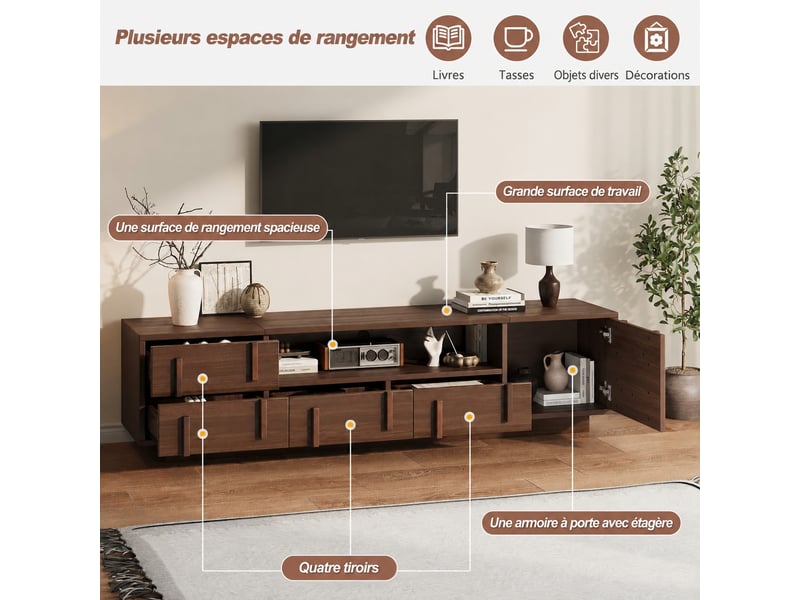  Meuble tv 180 cm pour tv jusqu'à 75 pouces, 4 tiroirs, finition noyer  - Conforama D