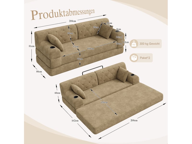  Canapé-lit 3 places en velours côtelé kaki avec 4 poches et 2 porte-gobelets  - Conforama C