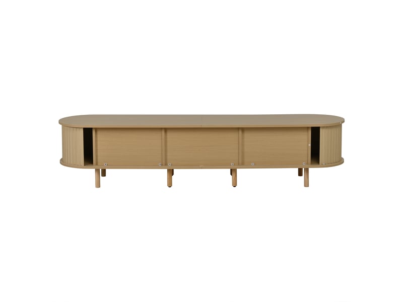  Meuble tv 180 cm pour écran jusqu'à 75 pouces, 2 portes coulissantes, tiroir rotin, bois clair  - Conforama B