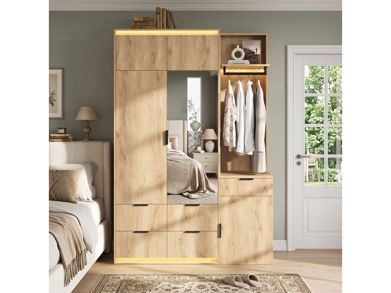  Vestiaire d'entrée avec penderie 135 x 47 x 200 cm - 5 tiroirs - éclairage led - 2 barres de penderie - mdf - anthracite et chêne  - Conforama B