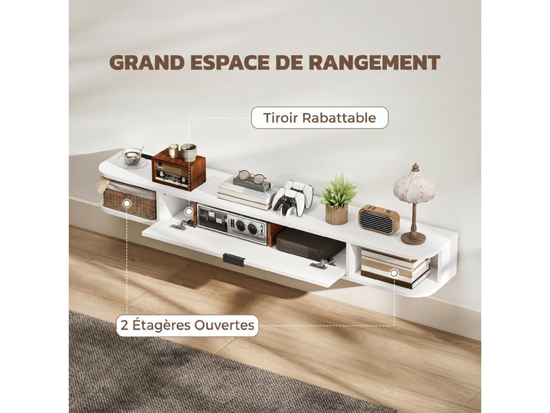  Meuble tv suspendu, meuble télé pour téléviseur jusqu'à 60 pouces, tiroir rabattable, 140x24x16cm, 2 étagères, blanc  - Conforama E