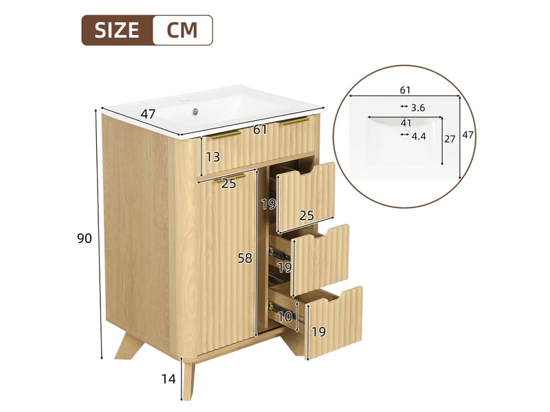  Meuble sous vasque avec 3 tiroirs porte coulissante et vasque en céramique pour salle de bain 61 × 47 × 90 cm  - Conforama C