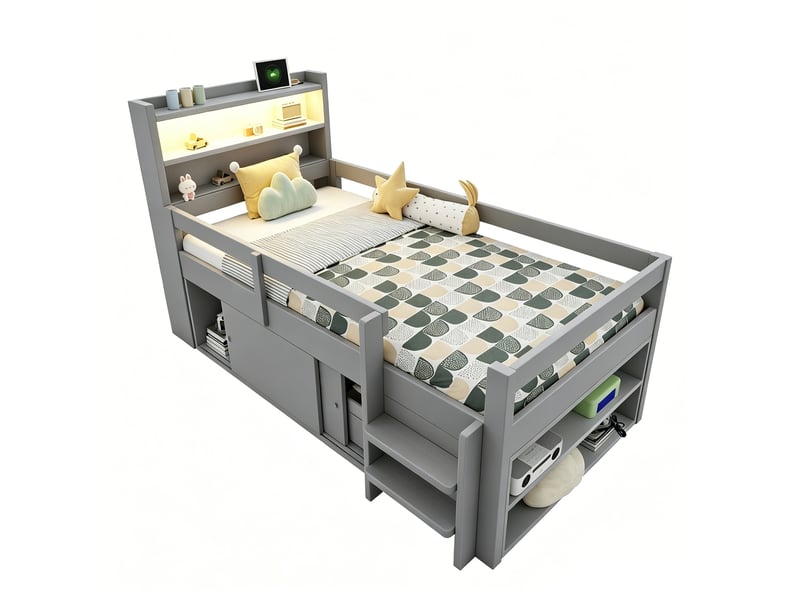  Lit enfant 90x200 cm avec rangements, led et ports usb, gris  - Conforama A