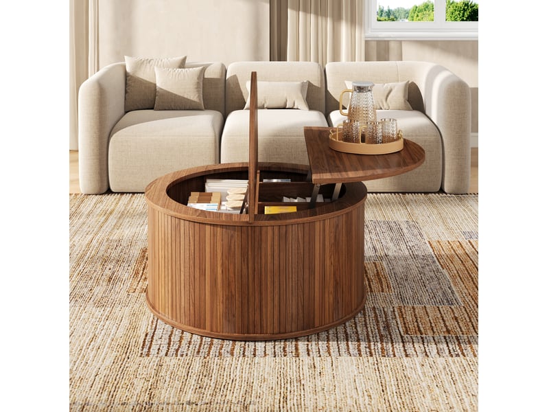 Table basse relevable ronde 88x88x53,5 cm avec rangement coloris noyer  - Conforama B