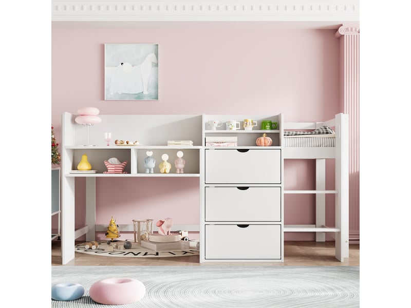  Lit mi-hauteur 90x200 blanc en forme de maison, lit cabane enfant blanc avec rangements intégrés, étagères, 3 tiroirs et échelle  - Conforama R