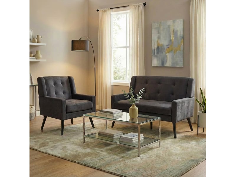  Lot de 2 fauteuils d’accent avec assise en mousse haute densité et pieds en bois, gris foncé  - Conforama B
