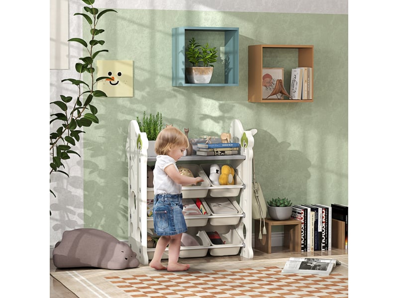 Meuble de rangement pour jouets à 4 niveaux avec 9 bacs et crochet latéral, pehd, 77 x 42 x 94 cm, blanc crème - Conforama B