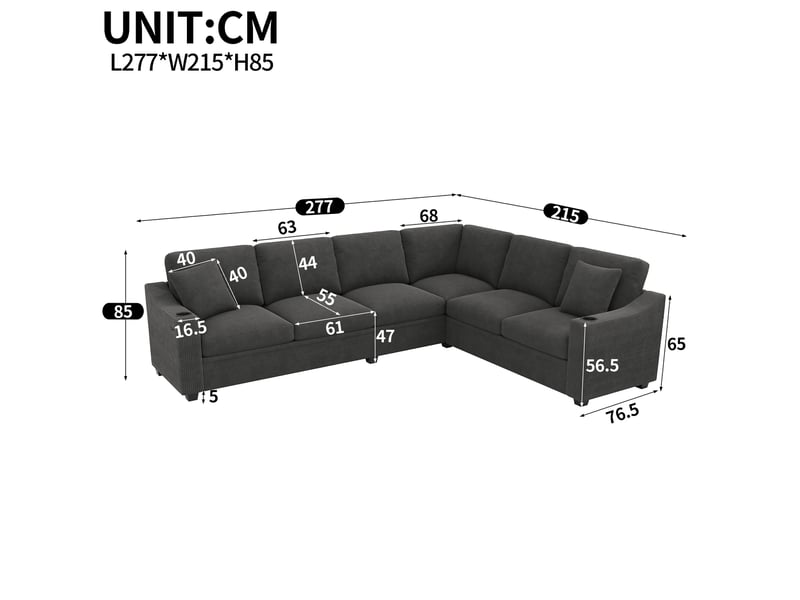  Canapé d'angle modulable 6 places 277x215x85 cm en velours côtelé gris foncé  - Conforama C