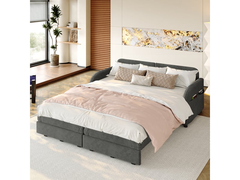 Canapé convertible 2 places 3-en-1, canapé-lit queen size avec poches latérales, coussins mobiles, tissu chenille gris, 166 x 84 x 90 cm - Conforama C