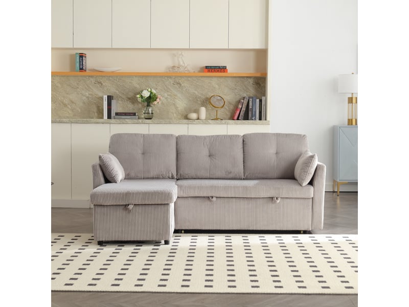  Canapé d'angle convertible réversible en velours côtelé gris clair 206x108x66 cm avec rangement, pour salon 206x108x66cm - Conforama B