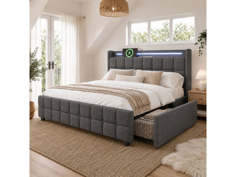  Lit coffre 180x200 cm rembourré avec 4 tiroirs-led et usb intégrés-tête de lit avec rangement-sommier à lattes-gris  - Conforama B