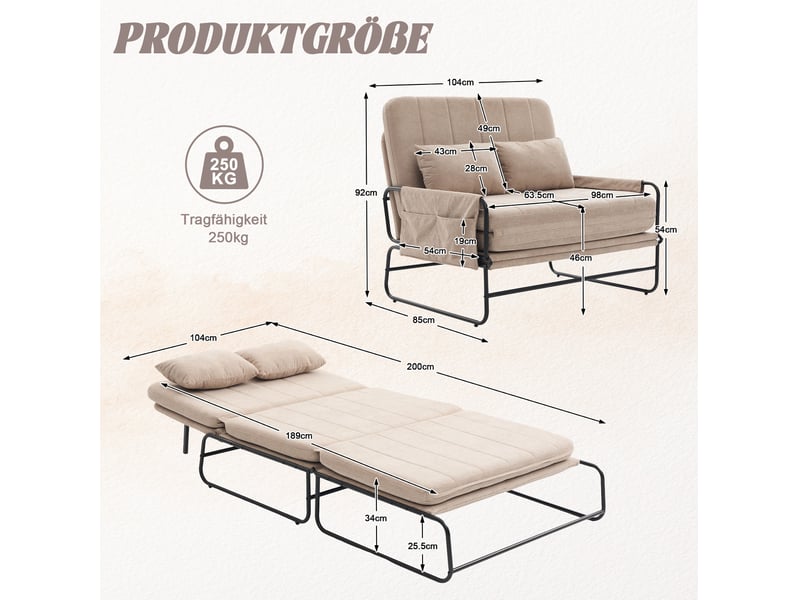  Canapé convertible deux places modenvie en chenille kaki avec poches latérales et couchage plat 104 x 85 x 92 cm  - Conforama C