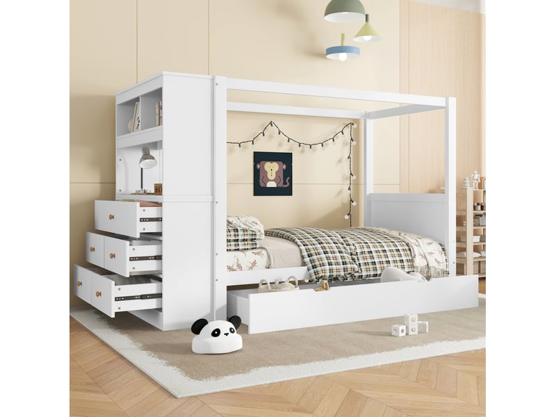 Lit enfant 90x200 cm avec meuble de rangement et 5 tiroirs, blanc et bois naturel - Conforama C
