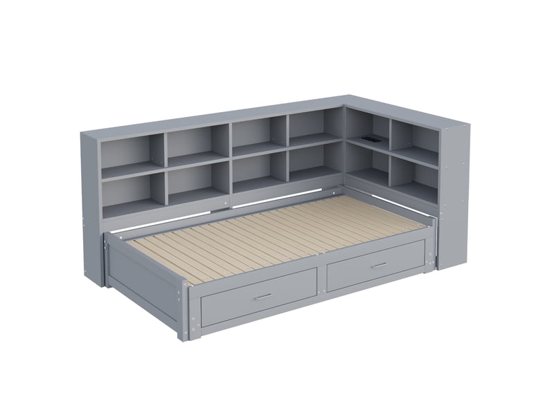  Lit banquette 90x190 cm extensible 180x190 cm – gris – rangements, prises et 2 tiroirs – sans matelas  - Conforama D