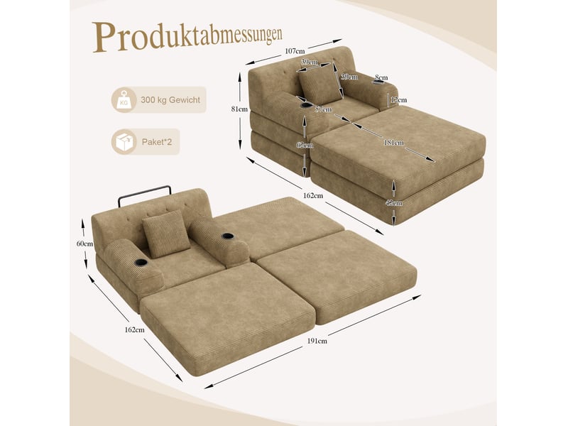  Fauteuil convertible 1 place modenvie avec repose-pieds, fonction couchage, velours côtelé kaki, 4 poches et 2 porte-gobelets, 107 x 162 x 81 cm  - Conforama C