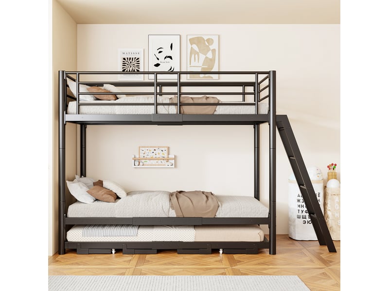  Lit superposé avec lit gigogne 90x200 cm en métal noir, structure gain de place pour chambre enfant, sans matelas  - Conforama B
