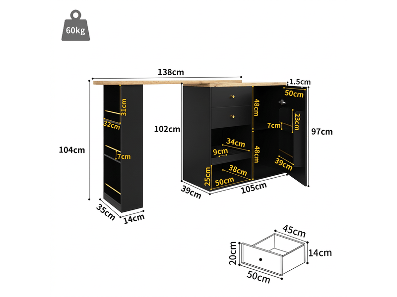  Table haute cuisine pivotante modulable noir avec tiroirs et étagères îlot de cuisine  - Conforama C