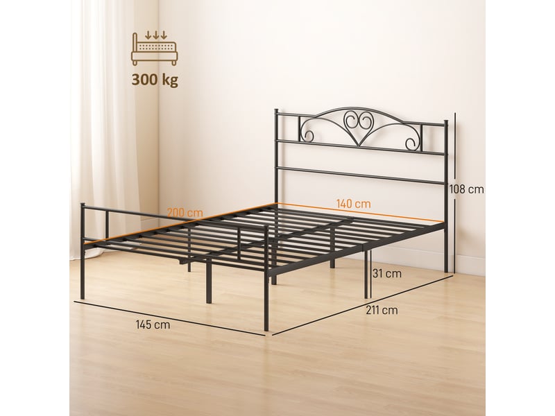  Lit double en métal avec tête de lit, cadre de lit métal 140x200, noir mat 300 kg  - Conforama E