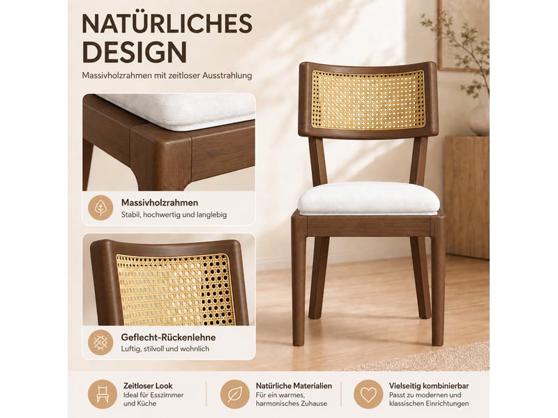  Lot de 2 chaises de salle à manger 50x58x88 cm en bois et rotin, noyer et beige  - Conforama D