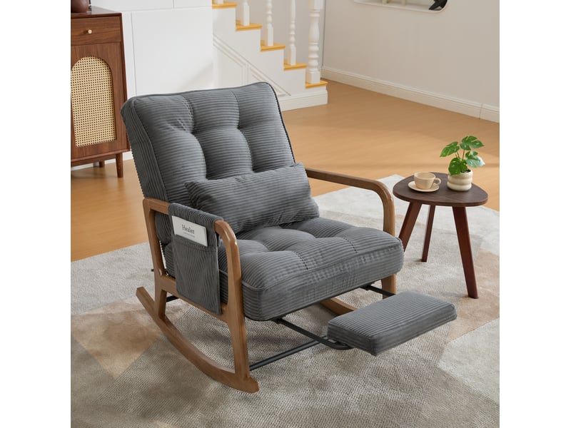  Rocking-chair avec repose-pieds, dossier réglable 3 positions et poche latérale en velours côtelé gris  - Conforama B