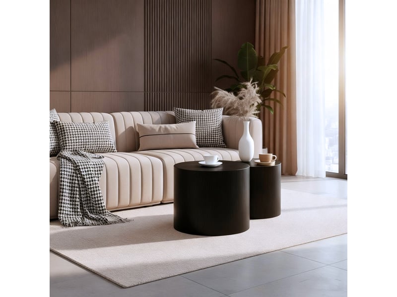  Lot de 2 tables d’appoint rondes modernes, bois noir, pieds antidérapants, sans montage  - Conforama E