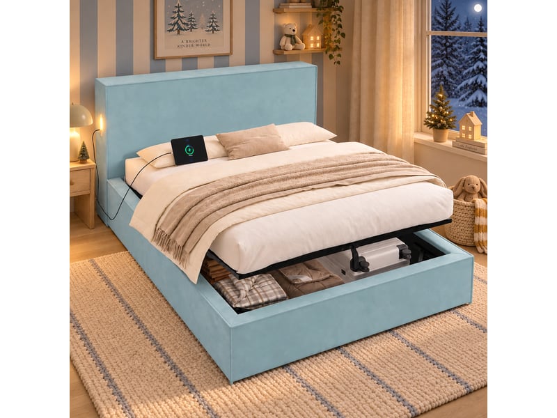 Lit coffre hydraulique 140x200 cm en velours, lit double rembourré avec tête de lit épaisse, sommier à lattes et grand rangement - bleu - Conforama D