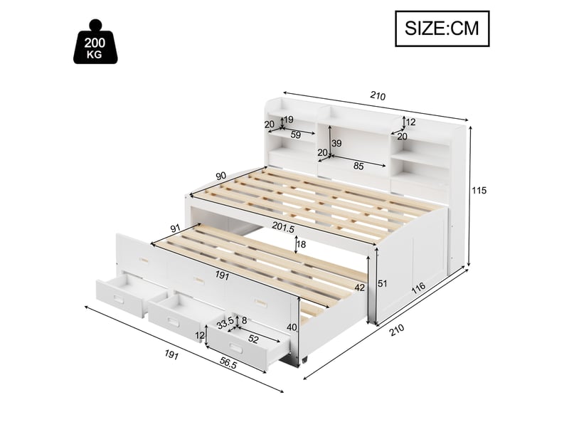  Lit gigogne 90x200 banquette blanc avec led, 3 tiroirs et port usbtype-c  - Conforama C