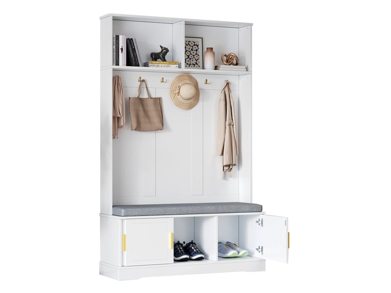  Meuble d'entrée avec 6 crochets, banc et rangement à chaussures, étagère, pour couloir, blanc, 120 × 40 × 191 cm  - Conforama A