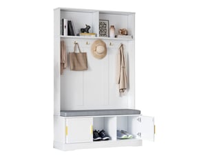 Meuble d'entrée avec 6 crochets, banc et rangement à chaussures, étagère, pour couloir, blanc, 120 × 40 × 191 cm
