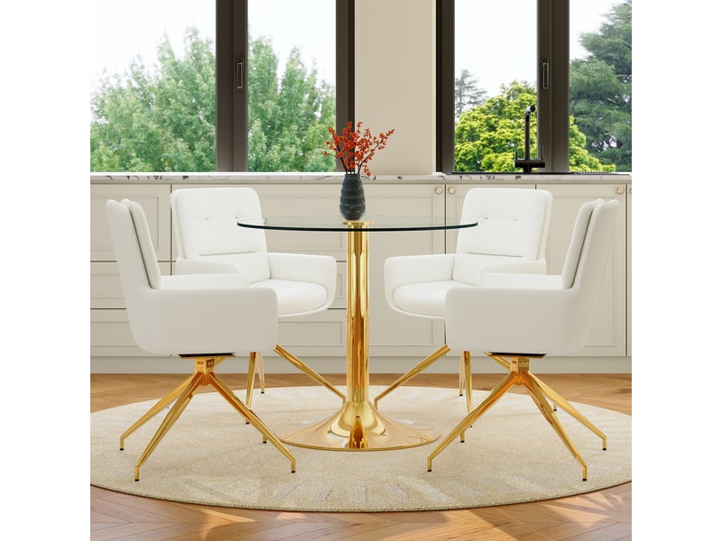  Ensemble table ronde et 4 chaises pivotantes, table ronde en verre trempé diamètre 85 cm, blanc et doré, salle à manger  - Conforama B