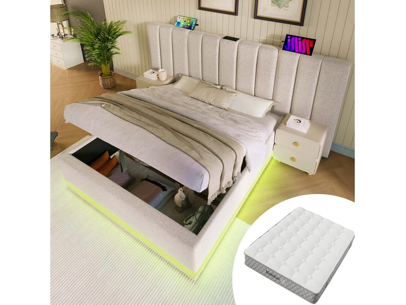  Lit double coffre 180 x 200 cm beige avec led, usb-c et matelas  - Conforama B