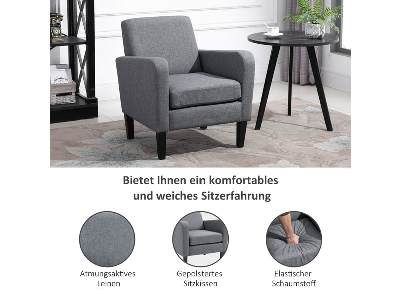  Fauteuil rembourré avec dossier ergonomique et accoudoirs, pieds en bois, tissu polyester gris clair 66 × 72 × 74 cm  - Conforama C