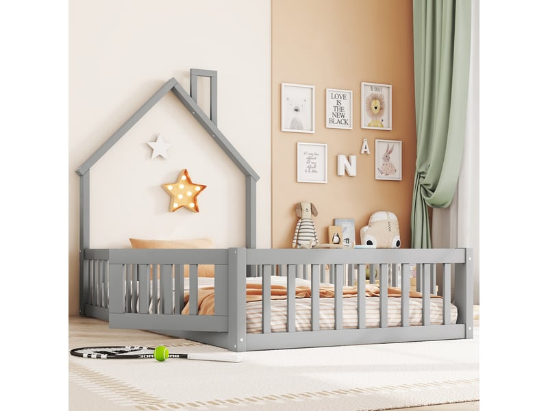 Lit cabane enfant 90x200 gris, lit avec forme de cheminée et barrières de sécurité, sommier à lattes inclus, bois de pin - Conforama E