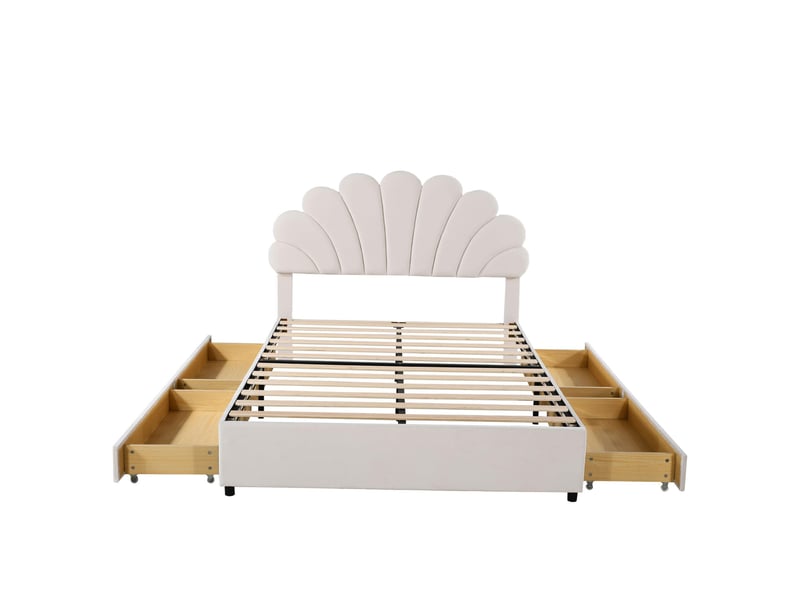  Lit enfant 140x200cm, lit double avec 4 tiroirs de rangment, tête de lit et sommier, velours beige, sans matelas  - Conforama A