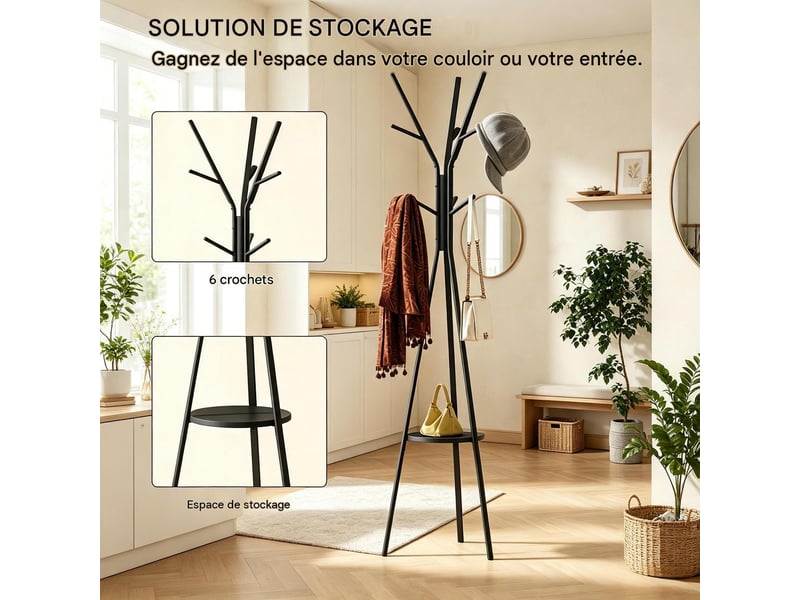  Porte-manteau sur pied 9 crochets et 1 étagère métal et mdf noir 45 x 45 x 180 cm T5828P566477 - Conforama D