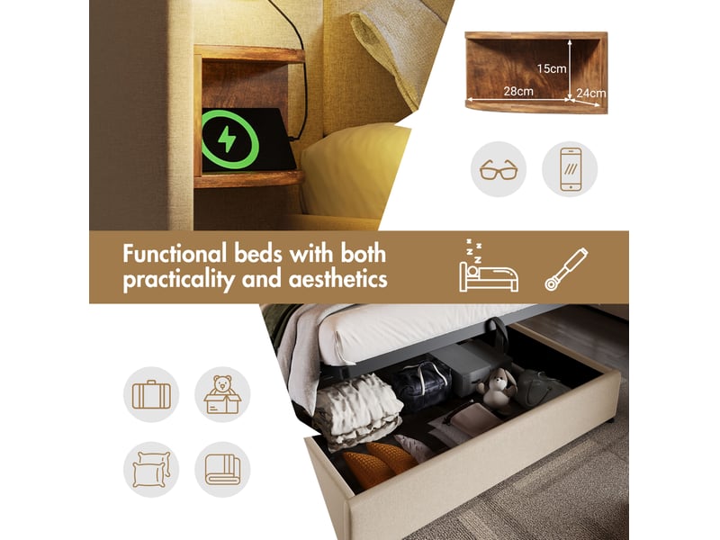  Lit coffre 160 × 200 cm 2 places avec rangement, lampe de lecture, usb et type-c, matelas inclus, beige en lin  - Conforama E