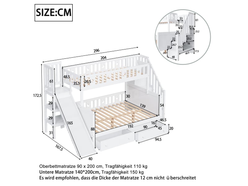  Lit superposé 140x200cm en bois massif avec toboggan, escalier de rangement, tiroirs, sommiers inclus, pour enfant, blanc et naturel  - Conforama C