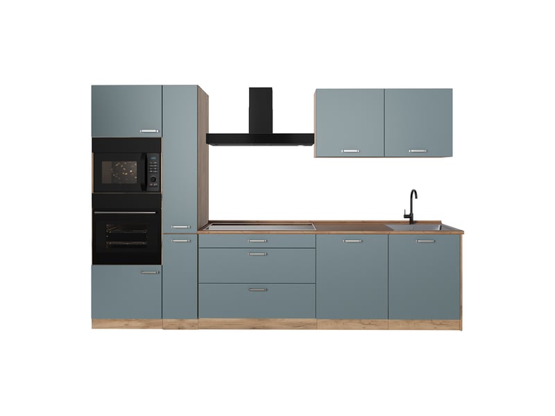 Vicco cuisine, bleu-grischêne doré, 310cm plan de travail chêne doré - Conforama A