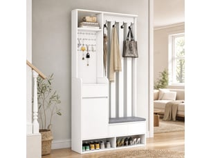 Meuble d'entrée avec banc rembourré, 4 crochets, tiroir, placard et panneau perforé en mdf blanc 100 × 35 × 180 cm