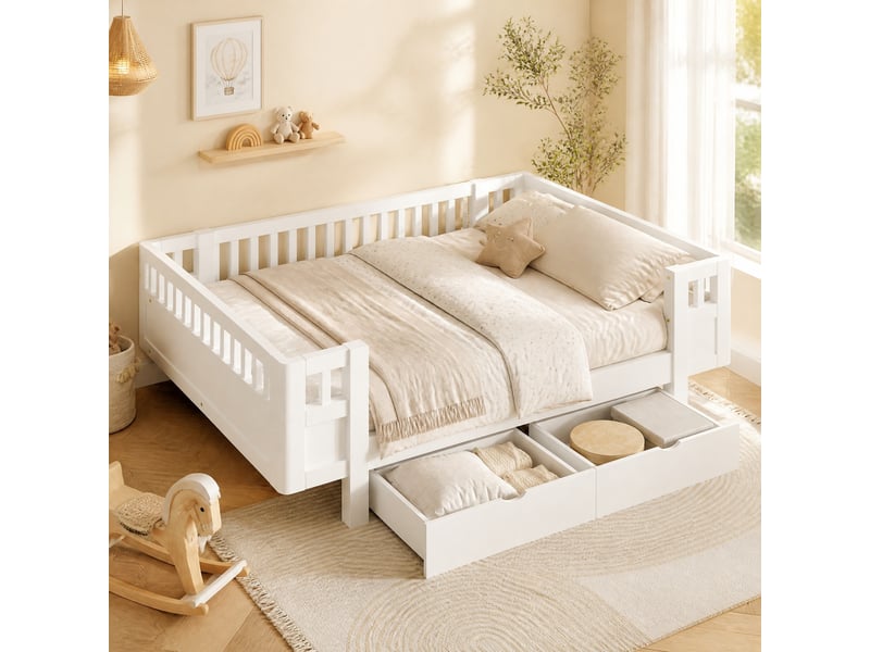 Lit plateforme 140x200 cm, barrières hautes, 2 tiroirs, charge 120 kg, mdf et bois, blanc, sans matelas - Conforama B