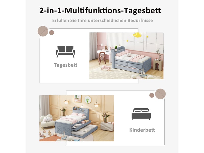  Lit gigogne simple 90×190 cm, 2 tiroirs et usb - okmyhome- en bois massif gris, table de chevet, sans matelas  - Conforama E