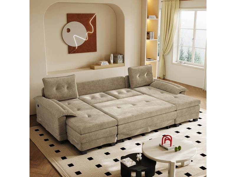 Canapé panoramique convertible modulable 4 places en u 278x127x87 cm, canapé-lit gigogne, couchage 242x117 cm, ports usb, tissu chenille chameau - Conforama B