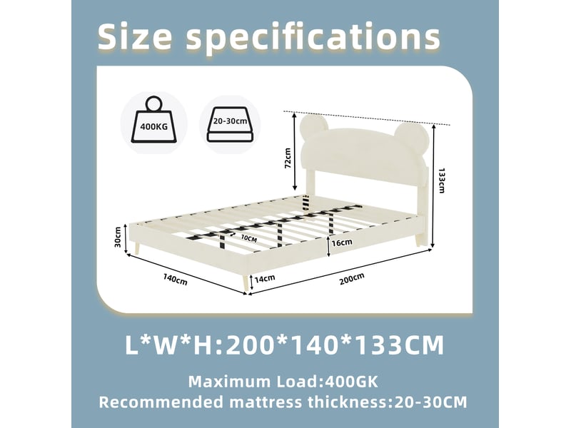  Lit enfant 140x200 cm, tête de lit oreilles d’ours, cadre bas sans rangement, tissu et métal beige sans matelas  - Conforama C