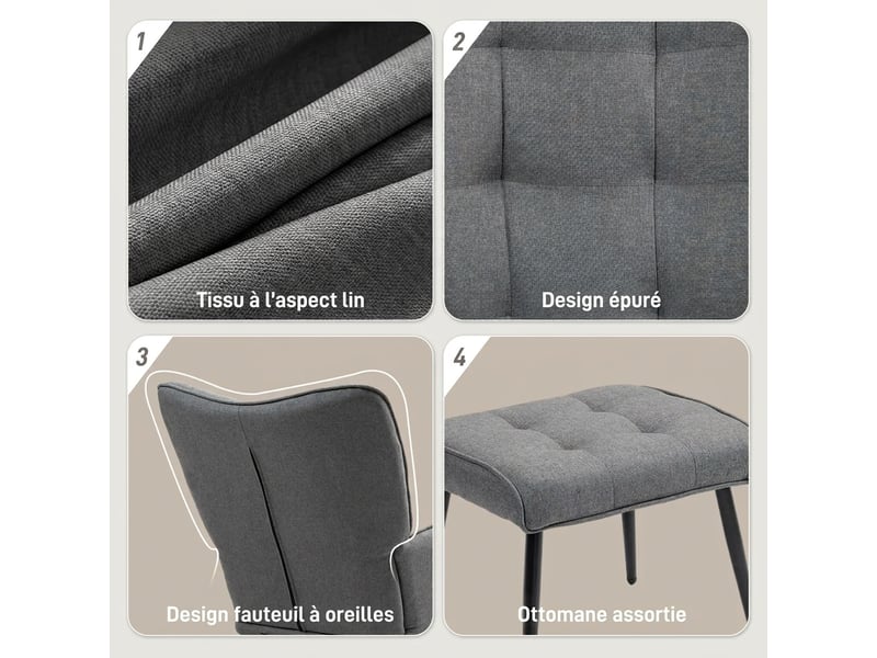  Fauteuil à bascule avec repose-pieds et fauteuil de relaxation avec accoudoirs, revêtement aspect lin, charge 130 kg  - Conforama W