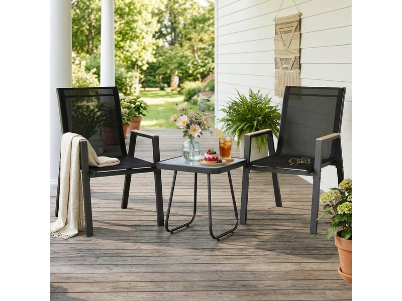  Ensemble de jardin 3 pièces comprenant 2 chaises respirantes et une table carrée, en métal, dpc et textilène noir  - Conforama C