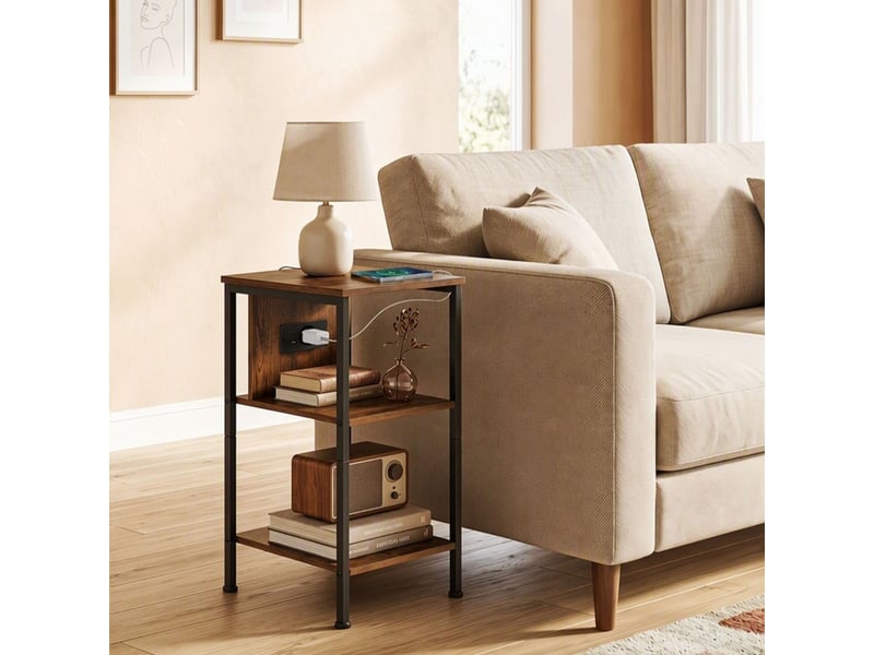  Table d'appoint avec station de charge, 2 étagères ouvertes, marron rustique et métal noir, 34 x 30 x 58 cm  - Conforama E