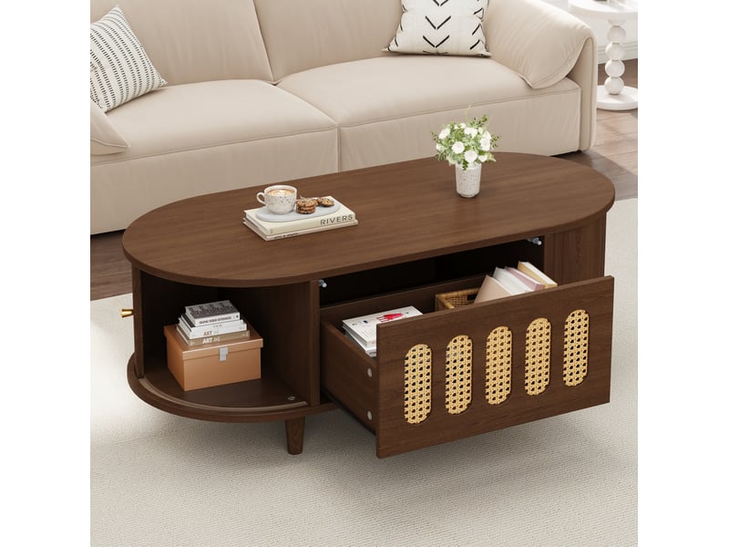  Table basse 100x50x40 cm avec tiroir et 2 portes à rideau en mdf, finition noyer  - Conforama C