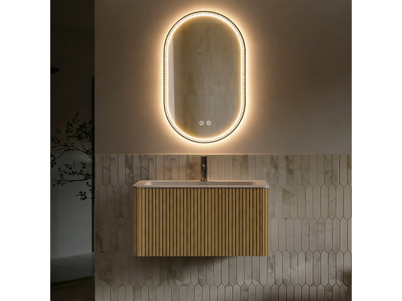 Meuble salle de bain suspendu 80 cm avec vasque et miroir led ovale 50 x 80 cm anti-buée - Conforama D