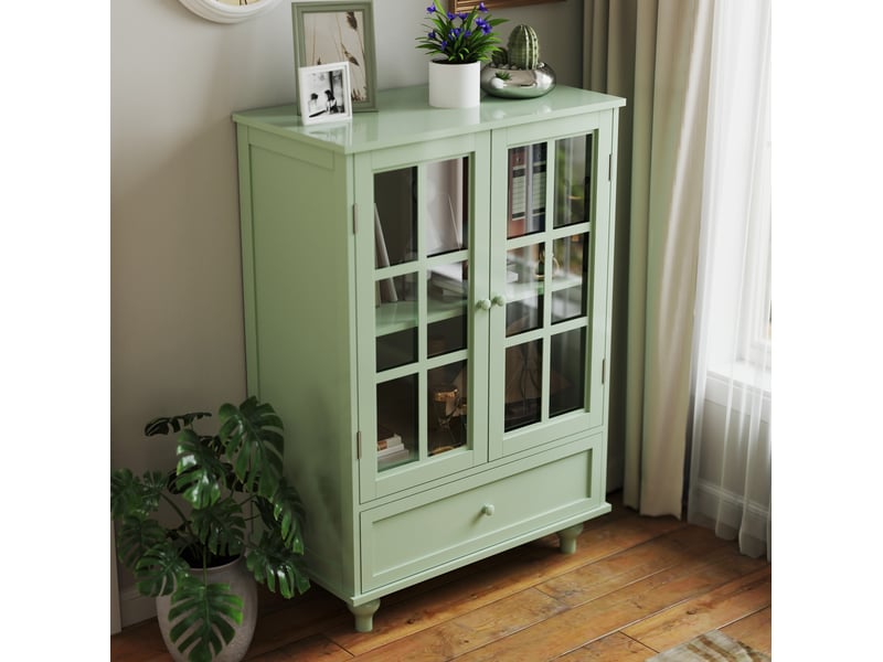  Buffet haut 2 portes vitrées avec tiroir 71x38x92 cm, mdf vert menthe  - Conforama W